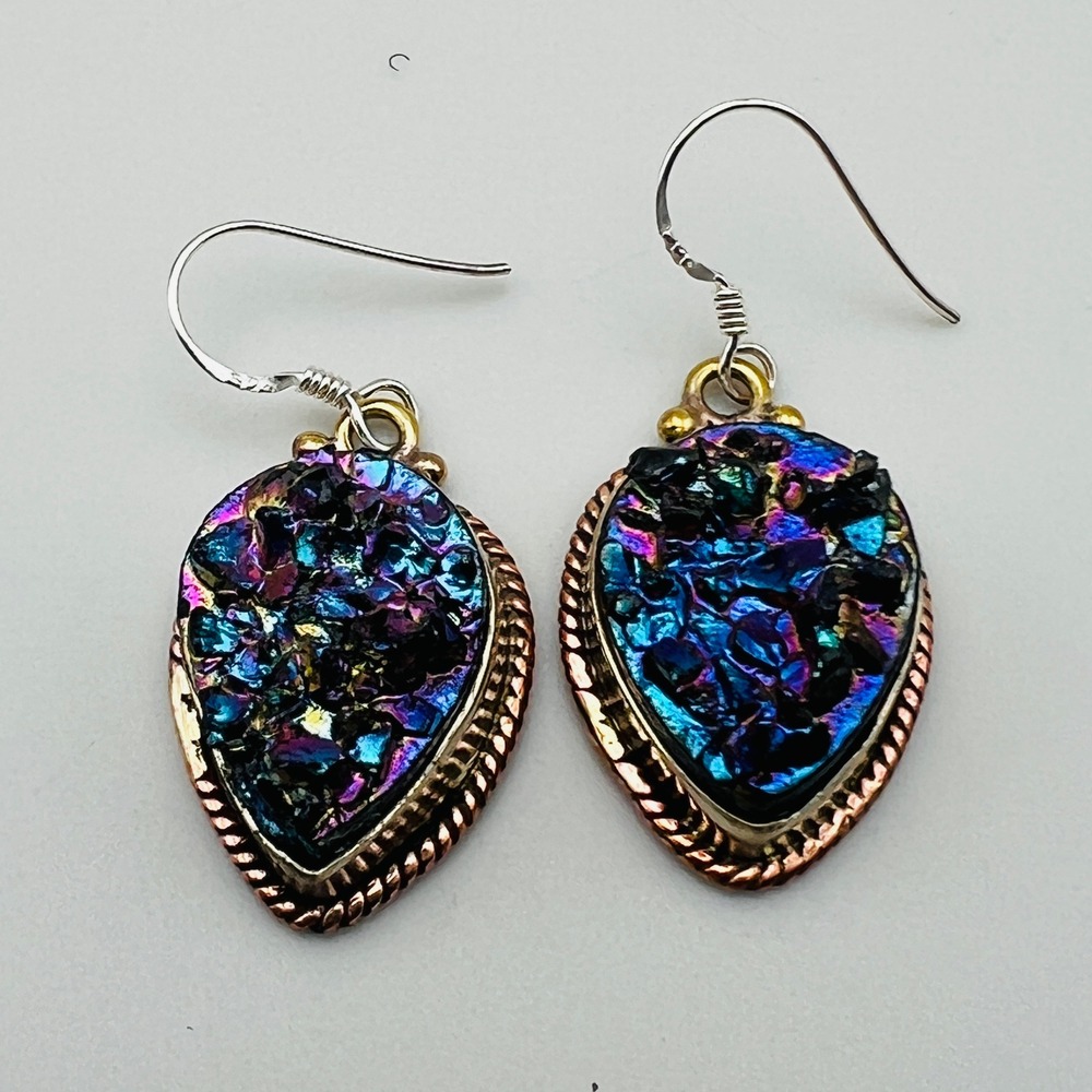Druzy Drop Earrings Teardrop Iridescent Blue Purple Statement Mixed Metal